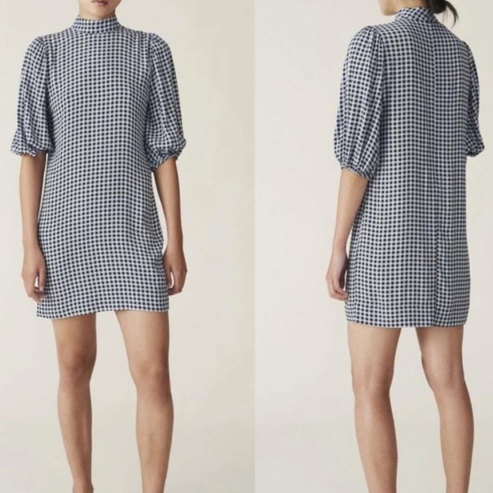 Ganni Gingham Puff Sleeve Mini Dress